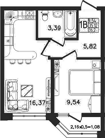 Планировка евродвушка (2Е) 36.2 м² в ЖК «Яблоневый», корпус 1