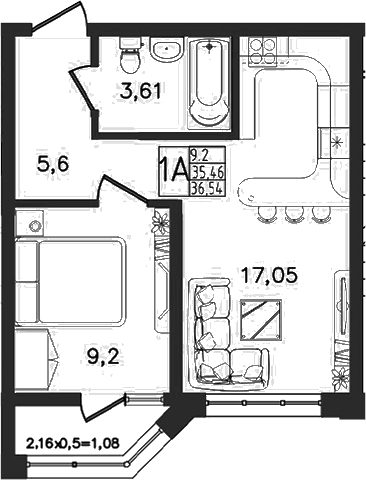 Планировка евродвушка (2Е) 36.54 м² в ЖК «Яблоневый», корпус 1