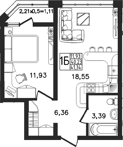 Планировка евродвушка (2Е) 41.34 м² в ЖК «Яблоневый», корпус 1