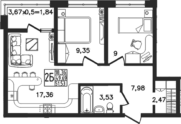 Планировка евротрёшка (3Е) 51.53 м² в ЖК «Яблоневый», корпус 1