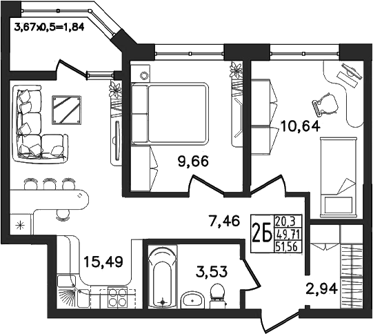 Планировка евротрёшка (3Е) 51.56 м² в ЖК «Яблоневый», корпус 1