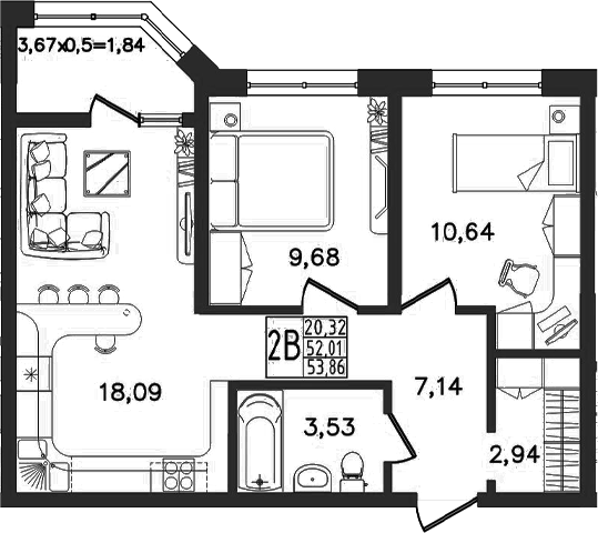 Планировка евротрёшка (3Е) 53.86 м² в ЖК «Яблоневый», корпус 1