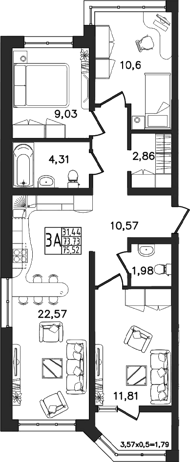 Планировка евро-4 (4Е) 75.52 м² в ЖК «Яблоневый», корпус 1