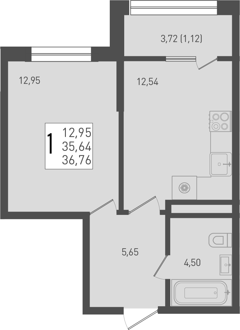Планировка однокомнатная 39.36 м² в ЖК «Югге», корпус 6