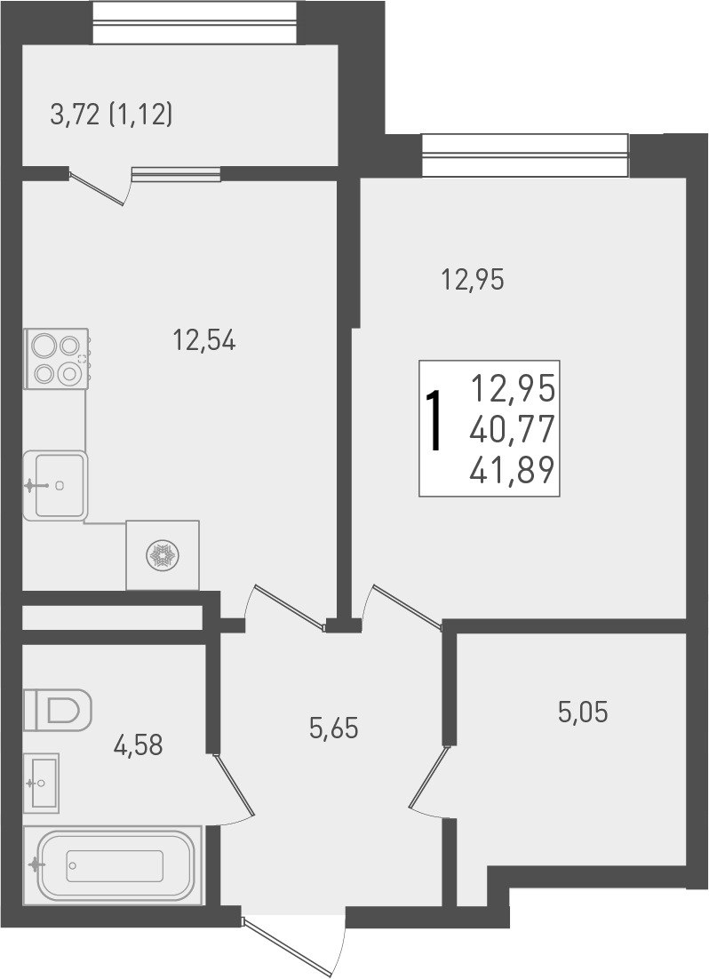 Планировка однокомнатная 44.49 м² в ЖК «Югге», корпус 6