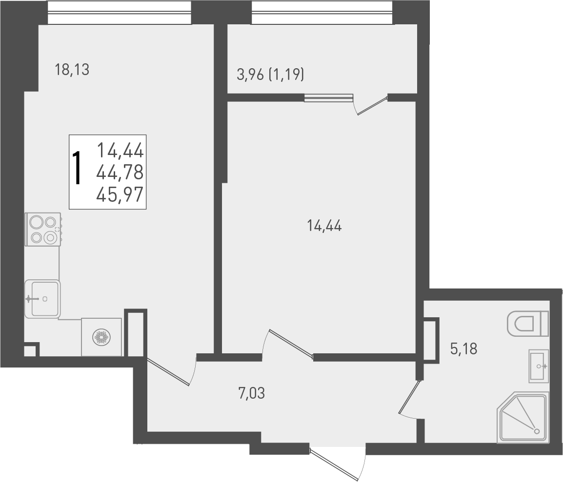 Планировка однокомнатная 48.74 м² в ЖК «Югге», корпус 6