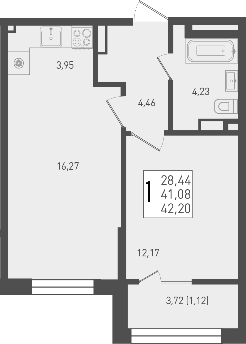 Планировка евродвушка (2Е) 44.8 м² в ЖК «Югге», корпус 6