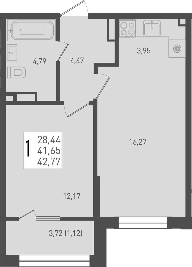 Планировка евродвушка (2Е) 45.37 м² в ЖК «Югге», корпус 6
