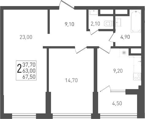 Планировка двухкомнатная 67.5 м² в ЖК «Югге», корпус 5