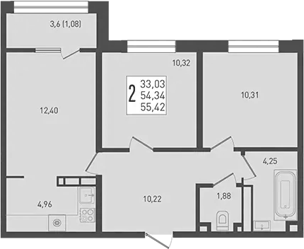 Планировка евротрёшка (3Е) 57.94 м² в ЖК «Югге», корпус 2