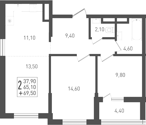 Планировка евротрёшка (3Е) 69.5 м² в ЖК «Югге», корпус 1