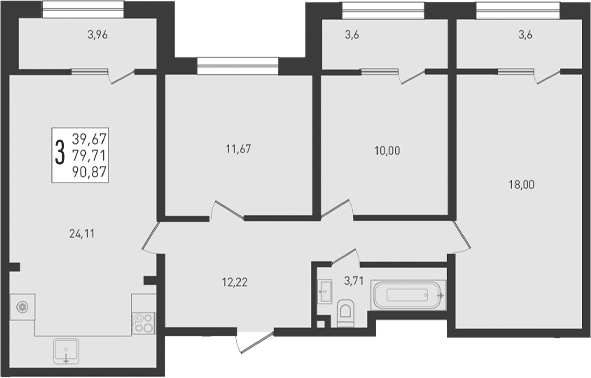 Планировка евро-4 (4Е) 90.87 м² в ЖК «Югге», корпус 2