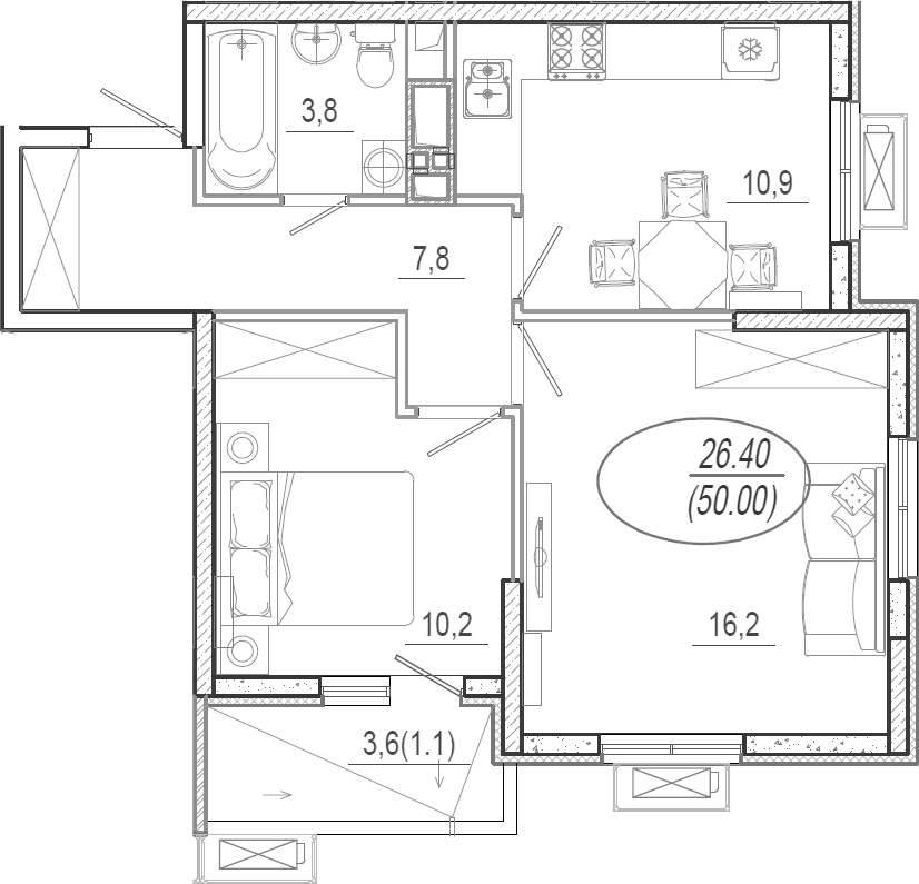 Планировка двухкомнатная 50 м² в ЖК «Микрорайон Южане», корпус 3