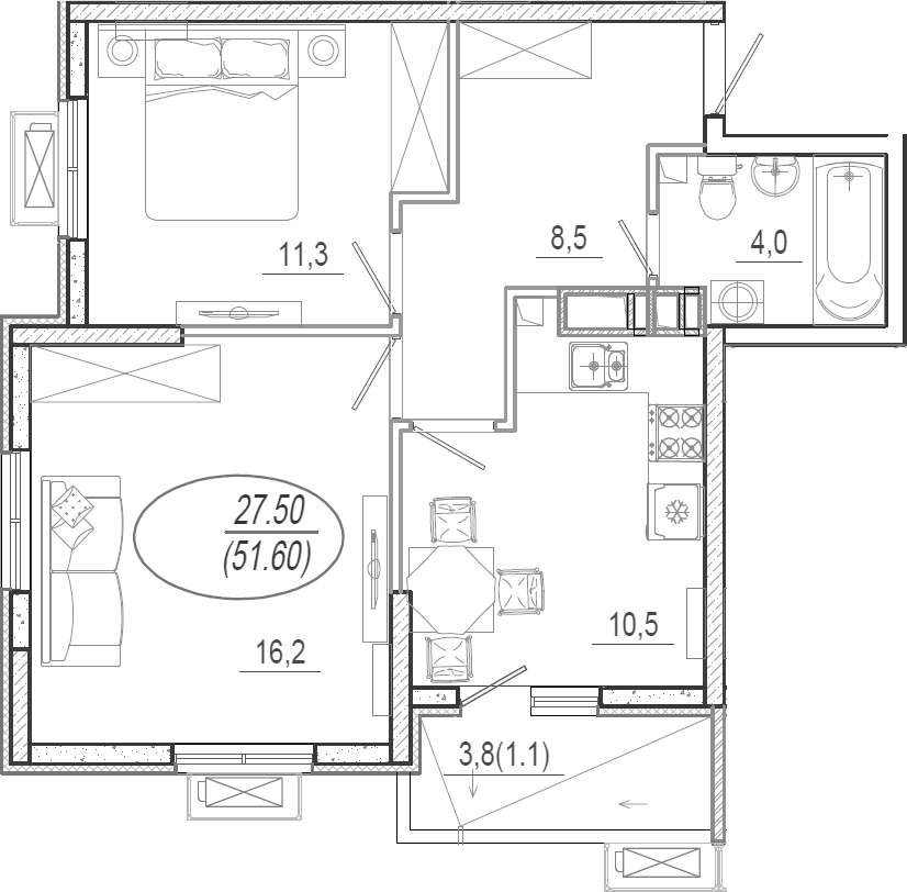 Планировка двухкомнатная 51.6 м² в ЖК «Микрорайон Южане», корпус 3