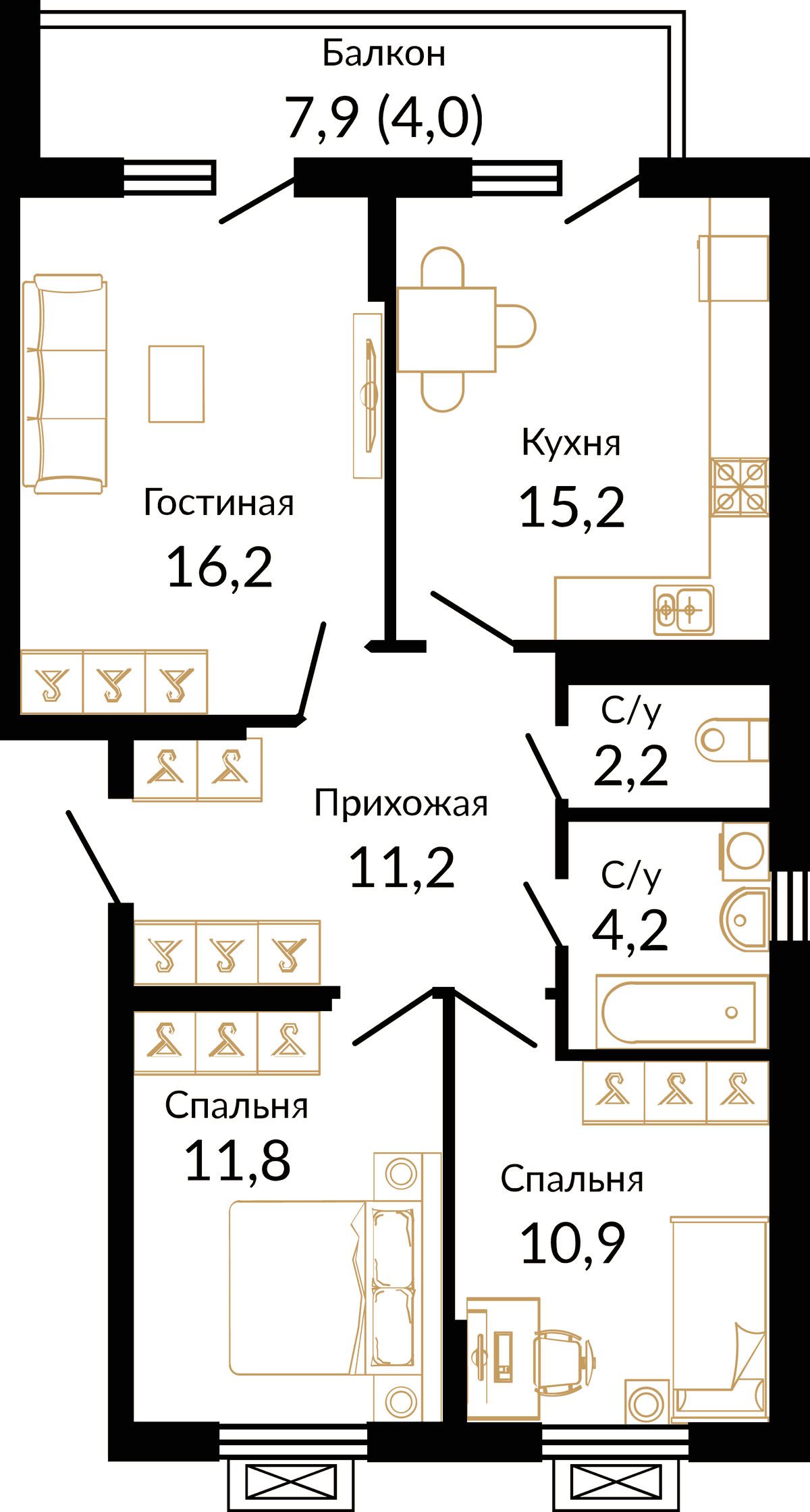 Планировка трёхкомнатная 74.6 м² в ЖК «Микрорайон Южане», корпус 2