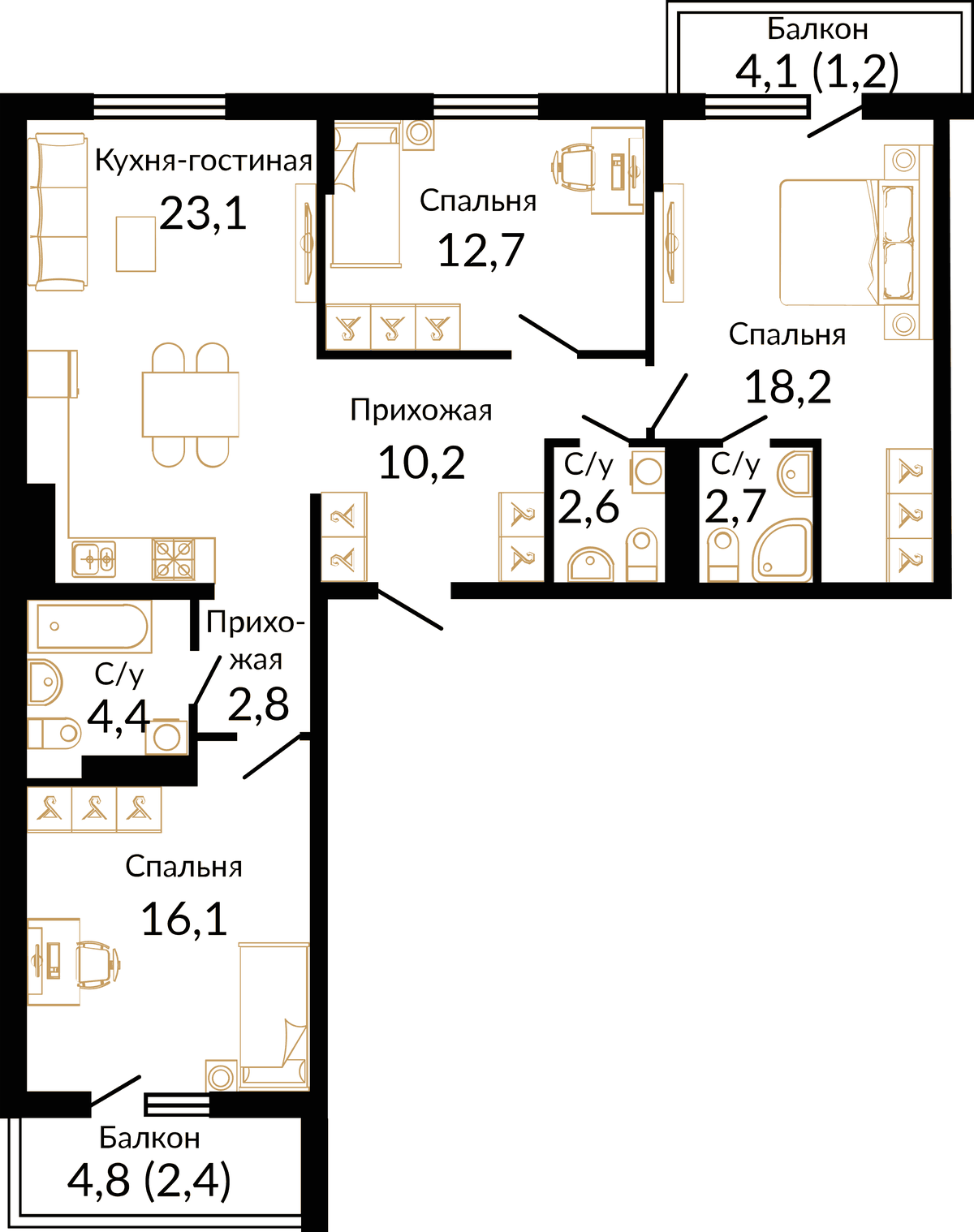 Планировка евро-4 (4Е) 97.6 м² в ЖК «Микрорайон Южане», корпус 2