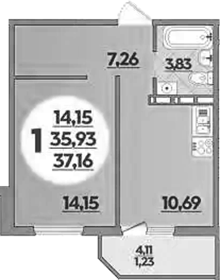 Планировка однокомнатная 37.16 м² в ЖК «Южная долина», корпус 2