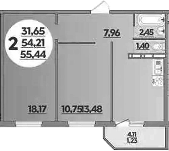 Планировка двухкомнатная 55.44 м² в ЖК «Южная долина», корпус 2