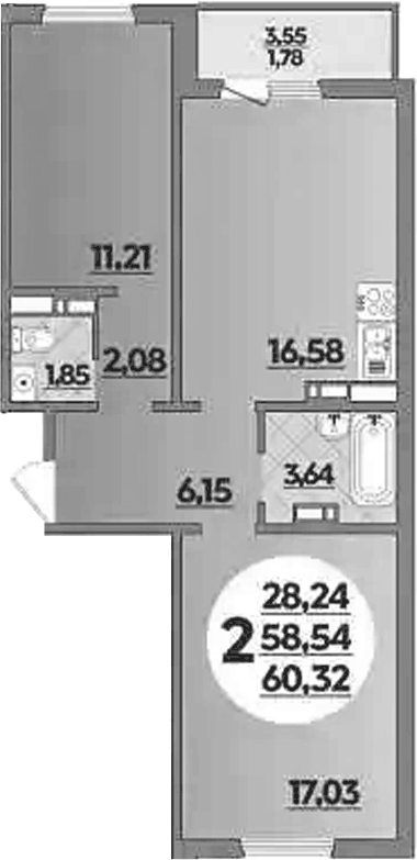 Планировка двухкомнатная 60.32 м² в ЖК «Южная долина», корпус 2