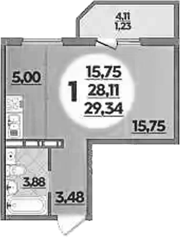 Планировка Студии 29.34 м² в ЖК «Южная долина», корпус 2