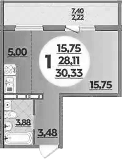 Планировка Студии 30.33 м² в ЖК «Южная долина», корпус 2