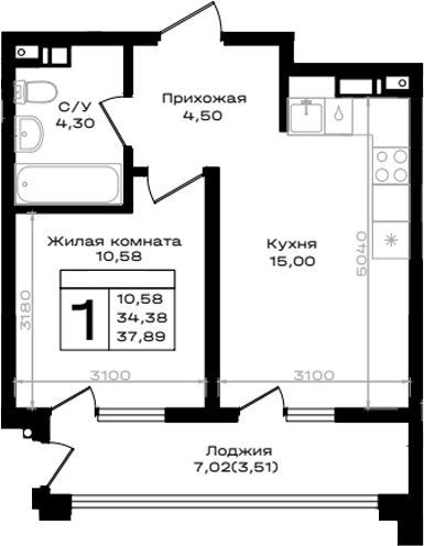 Планировка однокомнатная 37.89 м² в ЖК «ЮЖНО», корпус М