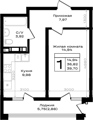 Планировка однокомнатная 39.7 м² в ЖК «ЮЖНО», корпус М