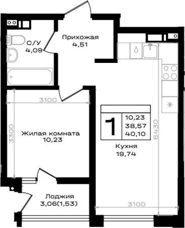 Планировка однокомнатная 40.1 м² в ЖК «ЮЖНО», корпус Н