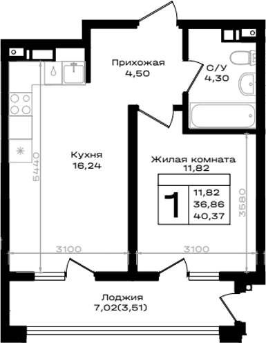 Планировка однокомнатная 40.37 м² в ЖК «ЮЖНО», корпус М