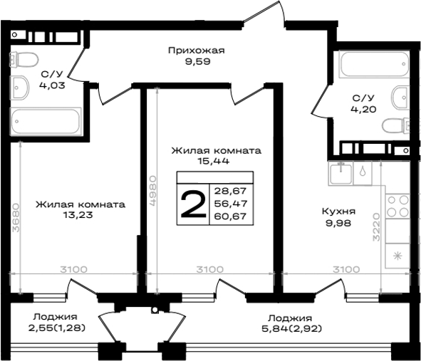 Планировка двухкомнатная 60.67 м² в ЖК «ЮЖНО», корпус М