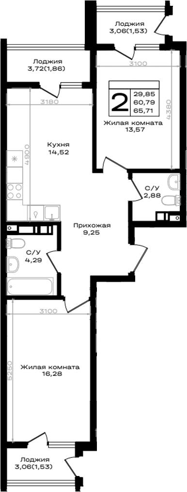 Планировка двухкомнатная 65.71 м² в ЖК «ЮЖНО», корпус М