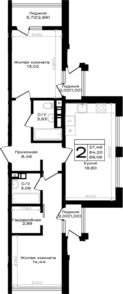 Планировка двухкомнатная 69.06 м² в ЖК «ЮЖНО», корпус Н