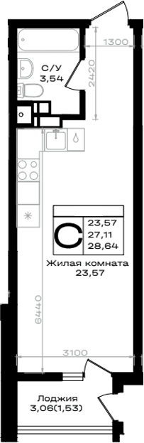 Планировка Студии 28.64 м² в ЖК «ЮЖНО», корпус Н
