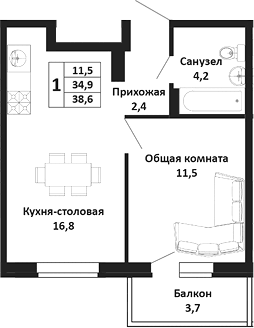 Планировка евродвушка (2Е) 38.6 м² в ЖК «Южные Соседи», корпус 1