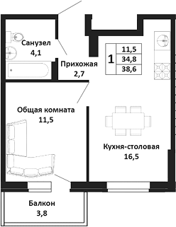Планировка евродвушка (2Е) 38.6 м² в ЖК «Южные Соседи», корпус 2