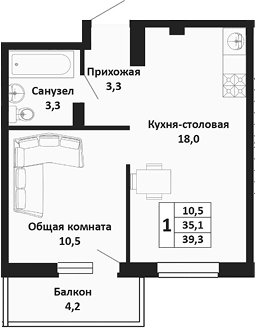 Планировка евродвушка (2Е) 39.3 м² в ЖК «Южные Соседи», корпус 1