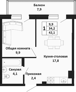 Планировка евродвушка (2Е) 42.1 м² в ЖК «Южные Соседи», корпус 1