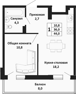 Планировка евродвушка (2Е) 44 м² в ЖК «Южные Соседи», корпус 1