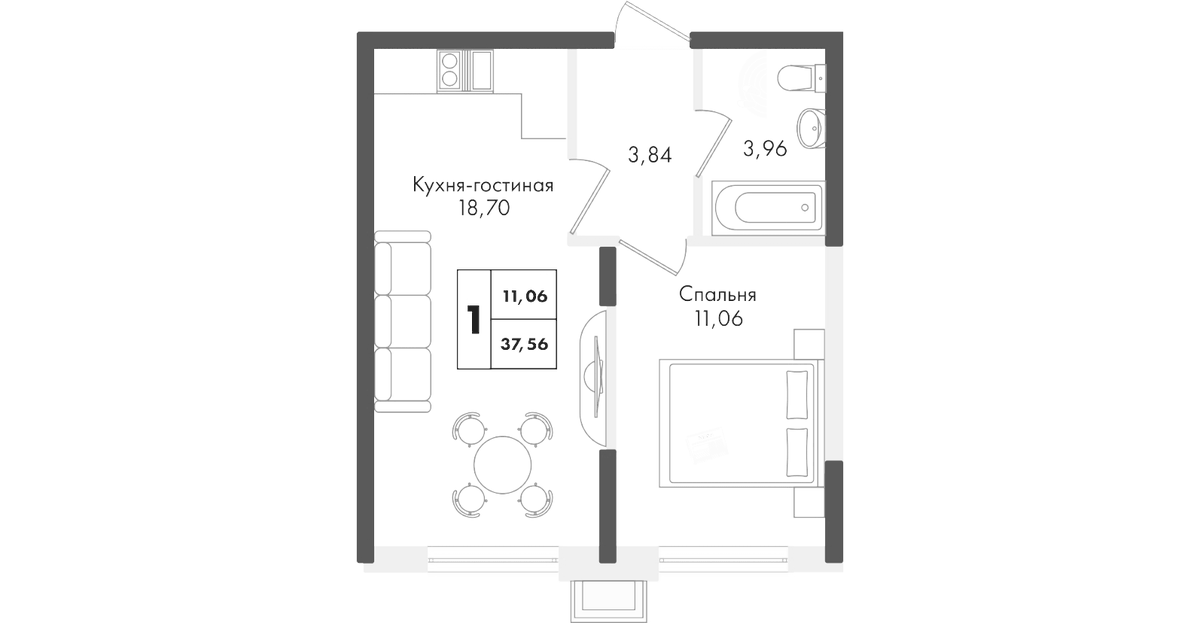 Планировка однокомнатная 37.56 м² в ЖК «Зеленая территория», корпус 1.2