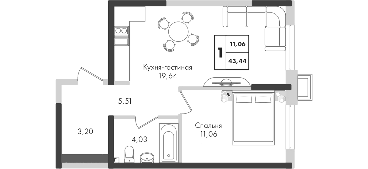 Планировка однокомнатная 44 м² в ЖК «Зеленая территория», корпус 1.2