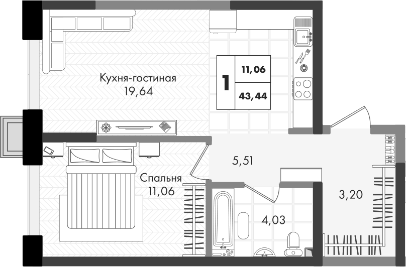 Планировка евродвушка (2Е) 43.44 м² в ЖК «Зеленая территория», корпус 1.3