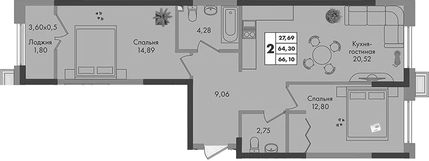 Планировка двухкомнатная 66.1 м² в ЖК «Зеленая территория», корпус 1.2