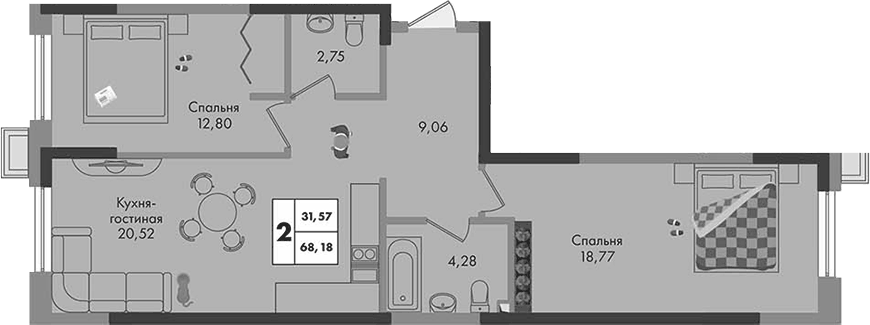 Планировка двухкомнатная 68.18 м² в ЖК «Зеленая территория», корпус 1.2