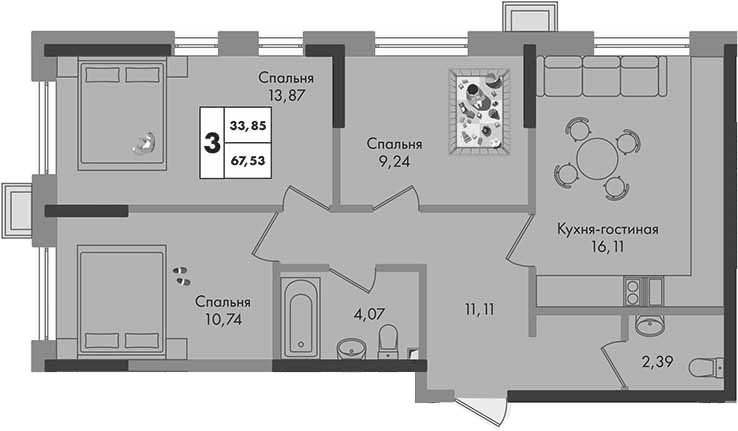 Планировка трёхкомнатная 67.53 м² в ЖК «Зеленая территория», корпус 1.2