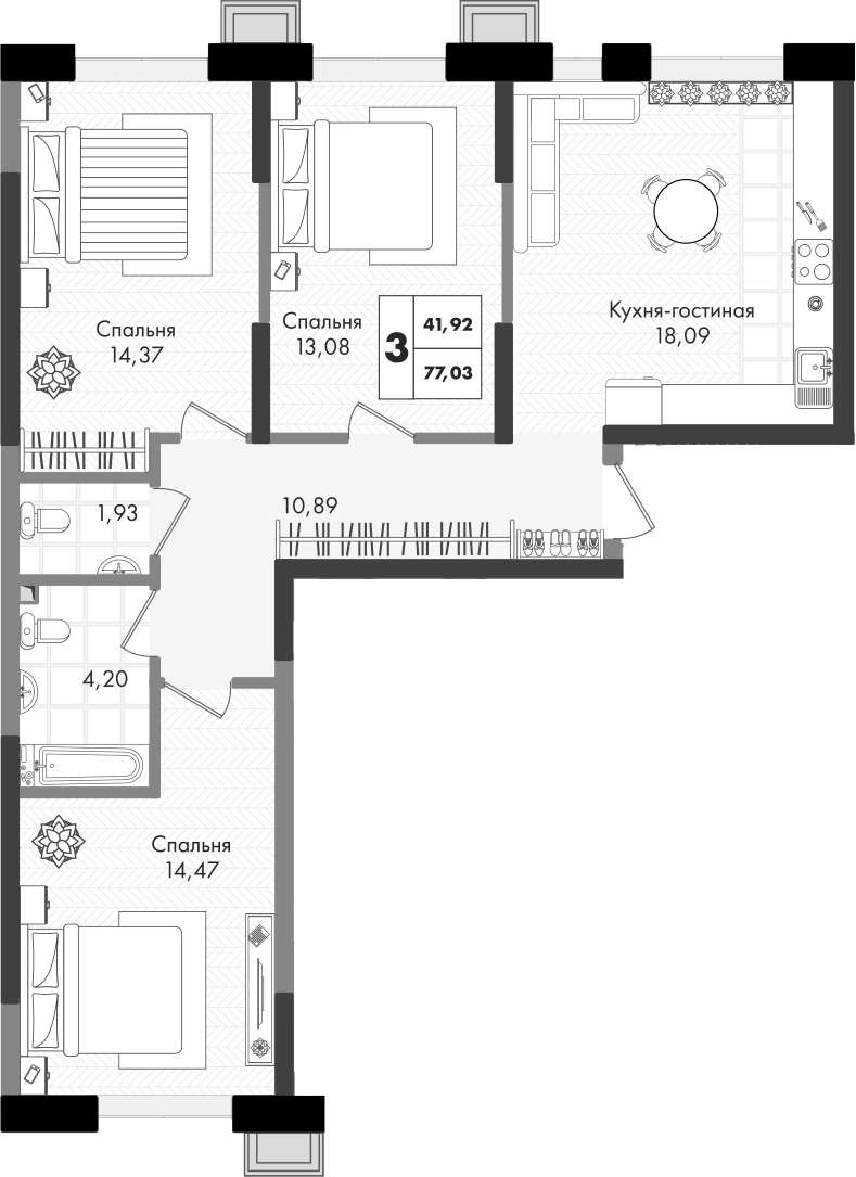 Планировка евро-4 (4Е) 77.03 м² в ЖК «Зеленая территория», корпус 1.3