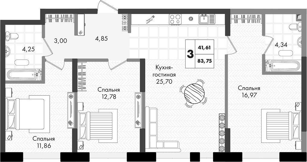 Планировка евро-4 (4Е) 83.75 м² в ЖК «Зеленая территория», корпус 1.3