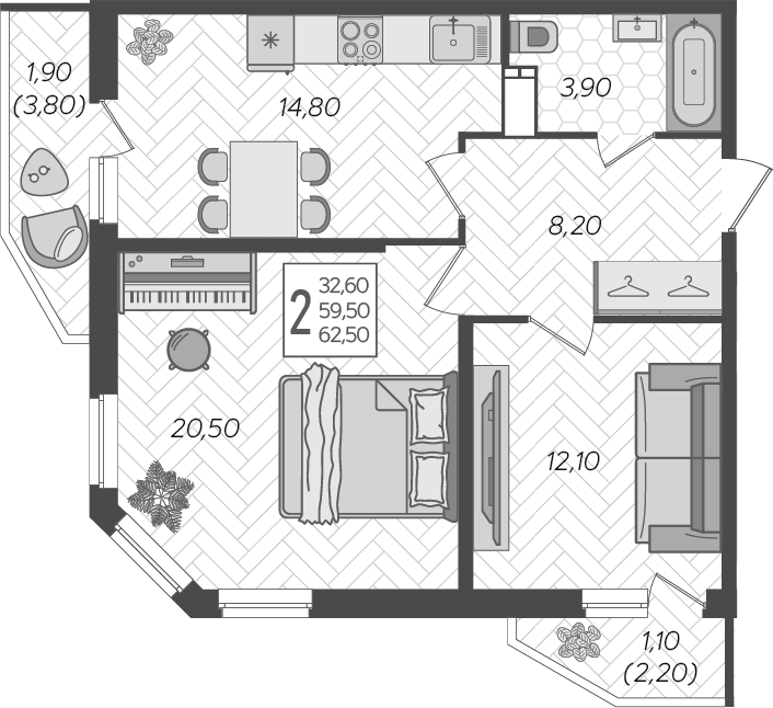 Планировка двухкомнатная 62.5 м² в ЖК «Зеленодар», корпус 6