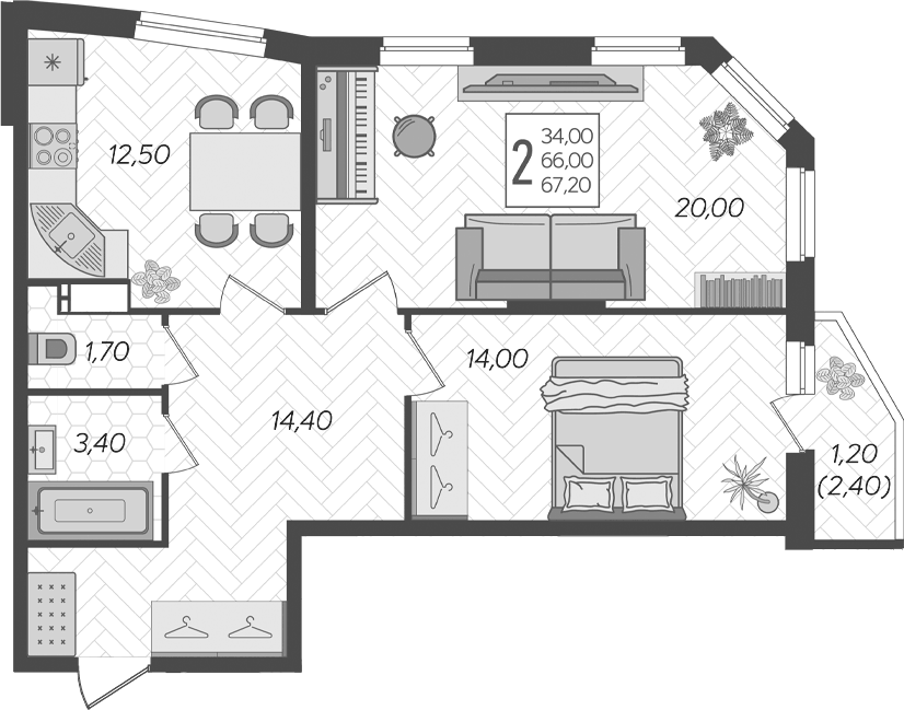 Планировка двухкомнатная 67.2 м² в ЖК «Зеленодар», корпус 6