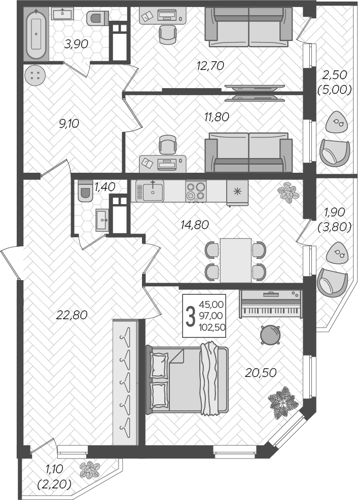 Планировка трёхкомнатная 102.5 м² в ЖК «Зеленодар», корпус 6