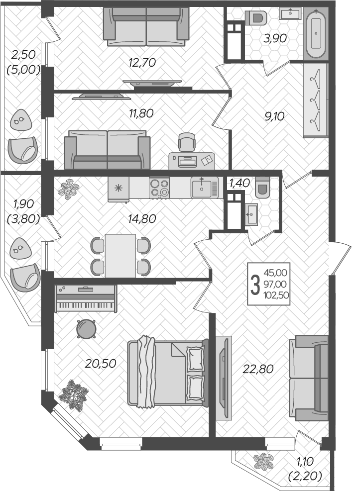 Планировка трёхкомнатная 103.5 м² в ЖК «Зеленодар», корпус 7